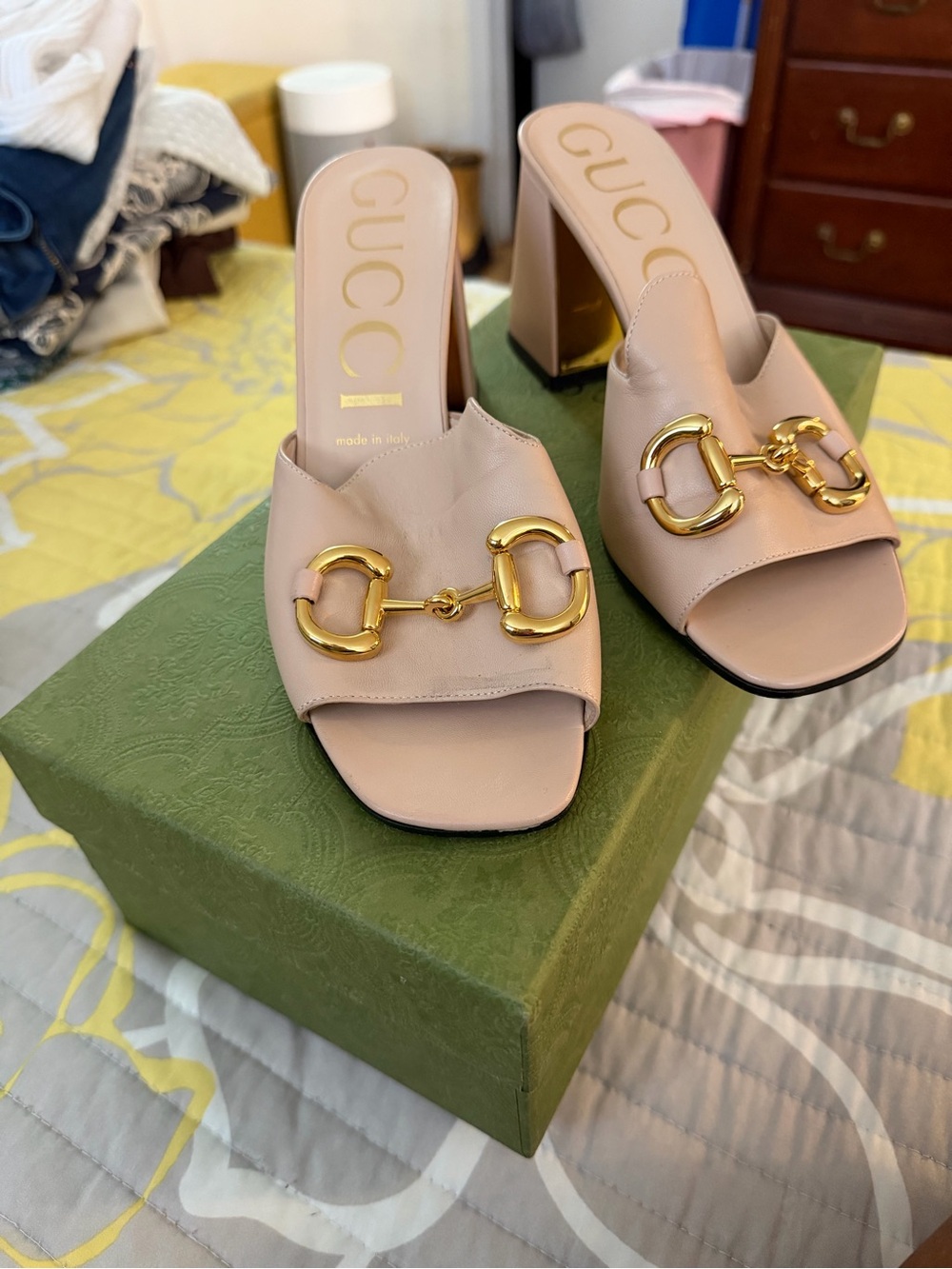 Gucci Nude Pink Leather Horsebit Mule Heels